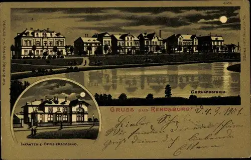 Mondschein Litho Rendsburg in Schleswig Holstein, Gerhardsteich, Infanterie Offiziers Kasino