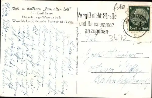 Ak Hamburg Wandsbek, Ballhaus Zum alten Zoll, Inh. Emil Kruse, Wandsbeker Zollstraße