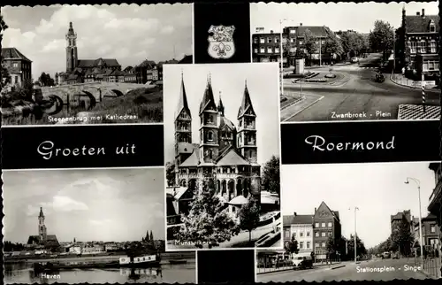 Ak Roermond Limburg, Steenenbrug met Kathedraal, Haven, Zwartbroek Plein, Stationsplein