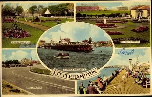 Ak Littlehampton England, Marina and Sunken Gardens, The Common, Pier, Harbour Entrance