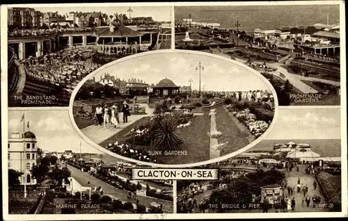 Ak Clacton on Sea England, Sunk Gardens, Marine Parade, The Bridge and Pier
