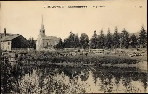 Ak L'Argonne Meuse, Vue générale, Eglise