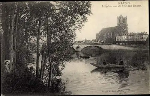 Ak Mantes la Jolie Yvelines, L'Eglise vue de l'Ille aux Dames