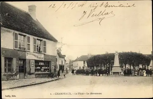 Ak Champeaux Seine et Marne, La Place, Le Monument