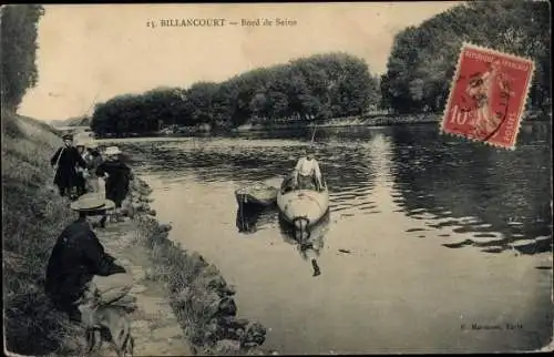 Ak Boulogne Billancourt Hauts de Seine, Bord de Seine, Angler, Ruderboot