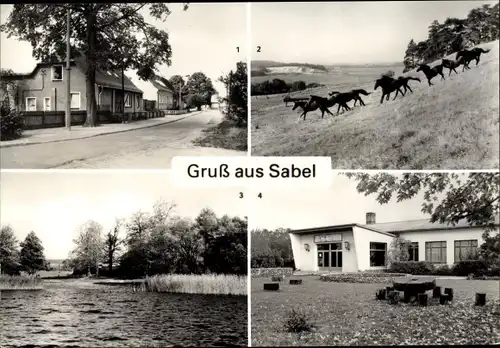 Ak Sabel Güstrow in Mecklenburg Vorpommern, Dorfstraße, Pferdekoppel, Kulturhaus, See