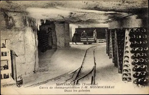 Ak Montrichard Loir et Cher, Caves de champagnisation JM Monmousseau, dans les galeries