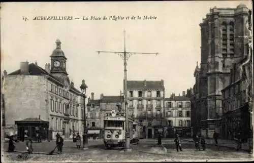 Ak Aubervilliers Seine Saint Denis, La Place de l'Eglise et de la Mairie