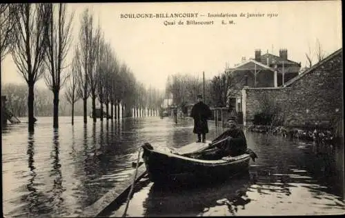 Ak Boulogne Billancourt Hauts de Seine, Inondation 1910, Quai de Billancourt, Hochwasser, Boot