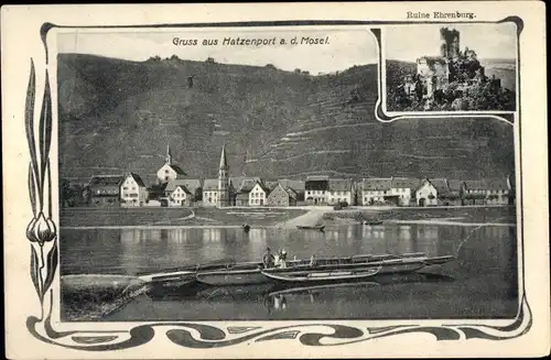 Ak Hatzenport an der Mosel, Ruine Ehrenburg, Panorama, Fähre