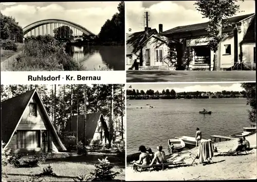 Ak Ruhlsdorf Bernau bei Berlin, Kanal, Eisenbahnbrücke, Kaufhalle, Bungalows, Kiessee
