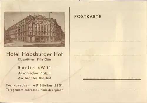 Ak Berlin Kreuzberg, Hotel Habsburger, Askanischer Platz 1