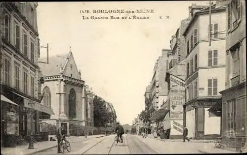 Ak Boulogne sur Seine Hauts de Seine, La Grande Rue et l'Eglise