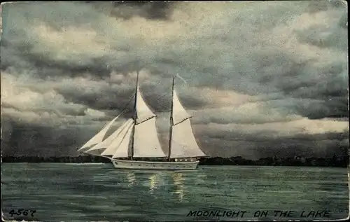 Ak Moonlight on the Lake, Segelboot auf dem Wasser