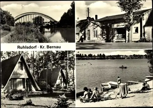 Ak Ruhlsdorf Wandlitz in Brandenburg, Kanal mit Eisenbahnbrücke, Kaufhalle, Bungalows, Kiessee