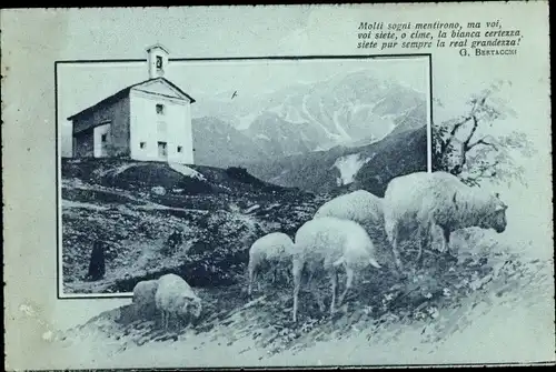 Passepartout Ak Schafe, Kirche in den Bergen, Gedicht v. G. Bertacchi