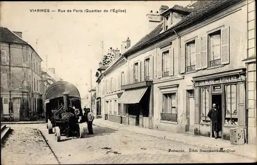 Ak Viarmes Val d'Oise, Rue de Paris, Quartier de l'Eglise, Epicerie, Dampflok