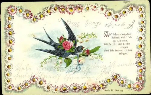 Litho Wär ich ein Vöglein, schnell wollt ich bei Dir sein, Schwalbe, Blumen