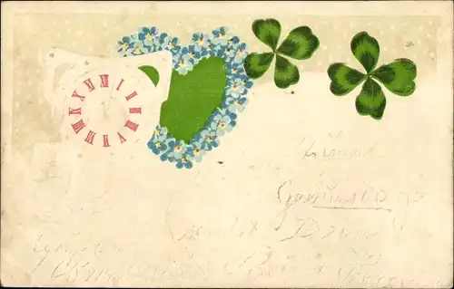 Präge Litho Uhr, Herz aus Vergissmeinnicht, Kleeblätter
