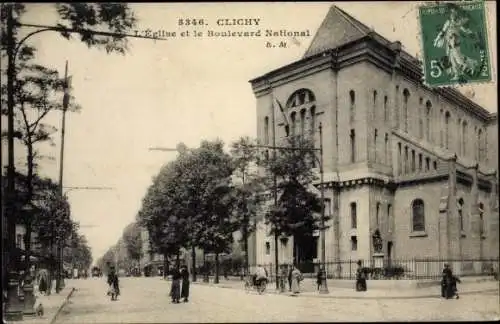Ak Clichy Hauts de Seine, L'Eglise et le Boulevard National