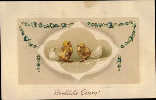 Präge Litho Glückwunsch Ostern, Geschlüpfte Küken, Eierschalen