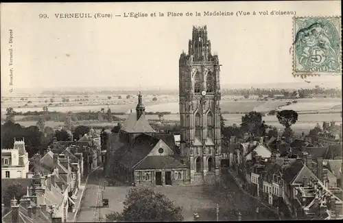 Ak Verneuil Eure, L'Eglise et la Place de la Madeleine