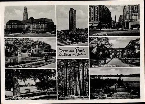 Ak Buer Gelsenkirchen im Ruhrgebiet, Rathaus, Ehrenmal, Berger See, Bootshaus, Schloss Berge