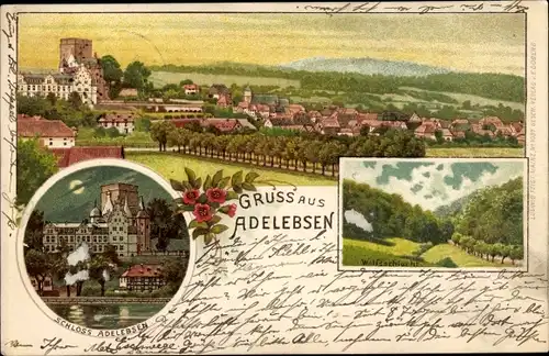 Litho Adelebsen Niedersachsen, Wolfsschlucht, Schloss bei Mondschein, Panorama vom Ort