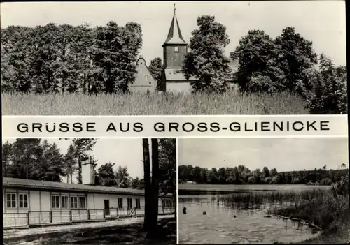 Ak Groß Glienicke Potsdam in Brandenburg, Teilansicht der Kirche, Seeblick