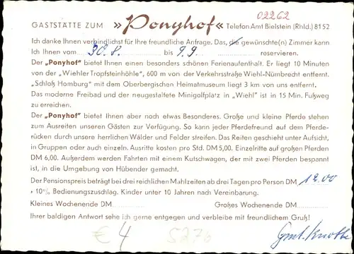 Ak Hübender Wiehl im Oberbergischen Kreis, Gaststätte Ponyhof, Ortspartie, Wappen