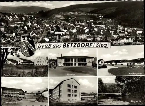 Ak Betzdorf im Westerwald, Bahnhof, Kindergarten, Siegpartie, Postamt, Berufsschule, Marienschule