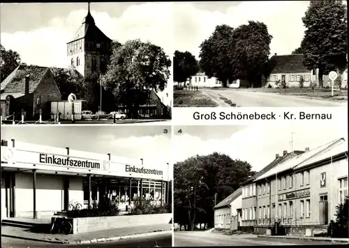 Ak Schönebeck Kreis Bernau, Dorfkirche, Konsum Gaststätte Zur Schorfheide, Einkaufszentrum