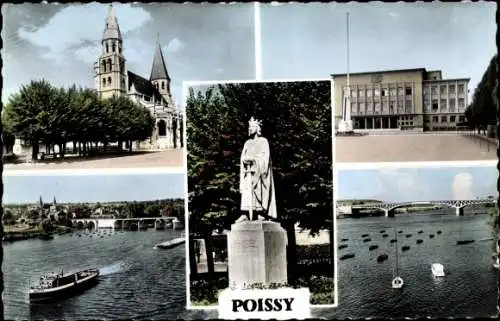 Ak Poissy Yvelines, L'Eglise, la Seine, la Statue de Saint Louis