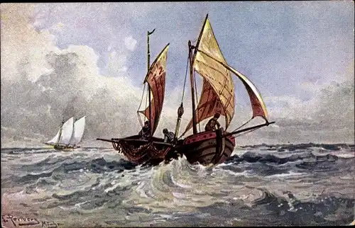 Künstler Ak Perlberg, F., Sefelboot auf dem Meer, Fischerboot