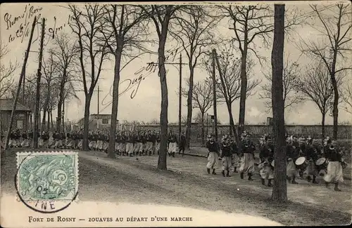 Ak Rosny sous Bois Seine Saint Denis, Fort de Rosny, Zouaves au Depart d'une Marche