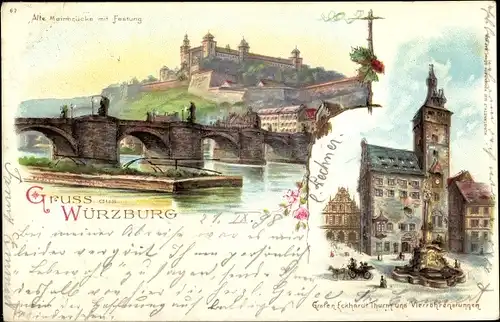 Litho Würzburg am Main, Alte Mainbrücke, Festung, Grafen Eckhardt Turm, Vierröhrenbrunnen