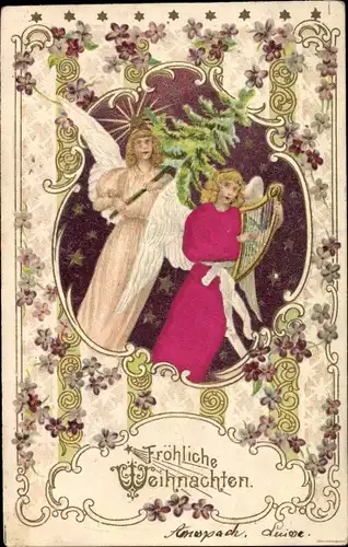 Stoff Präge Litho Glückwunsch Weihnachten, Zwei Engel mit Handharfe und Tannenbaum