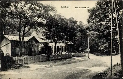 Ak Aachen in Nordrhein Westfalen, Waldschenke, Gesamtansicht, Terrasse, Straßenbahn