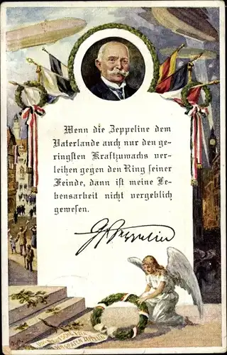 Künstler Ak Ferdinand Graf von Zeppelin, Zitat, Luftschiffe, Flaggen, Kränze
