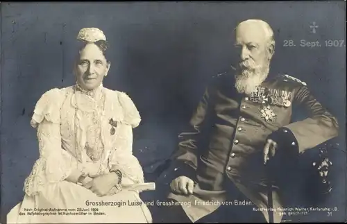 Ak Großherzog Friedrich I. von Baden, Großherzogin Luise, Trauerkarte 1907