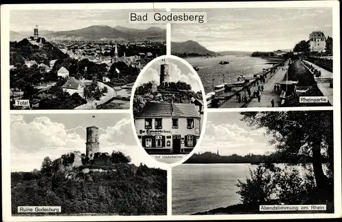 Ak Bad Godesberg Bonn Rhein, Total, Rheinpartie, Ruine, Abendstimmung am Rhein