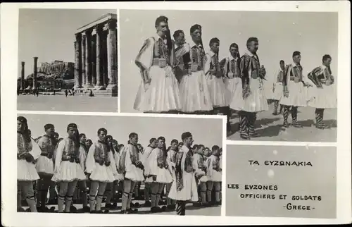 Ak Griechenland, Les Evzones, Officiers et Soldats, Männer in griechischen Volkstrachten