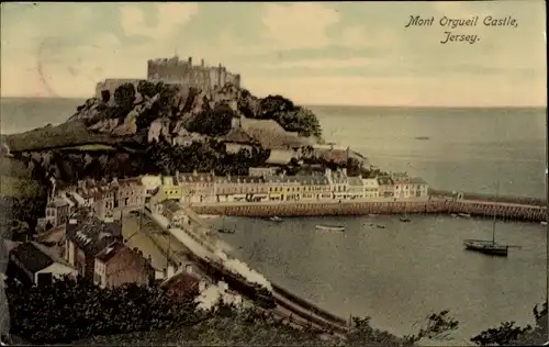 Ak Kanalinsel Jersey, Mont Orgueil Castle, Harbour, Channel, panoramic view