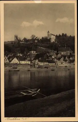 Ak Hirschhorn am Neckar Hessen, Panoramaansicht von Ortschaft, Ruderboot, Schloss, Kirche