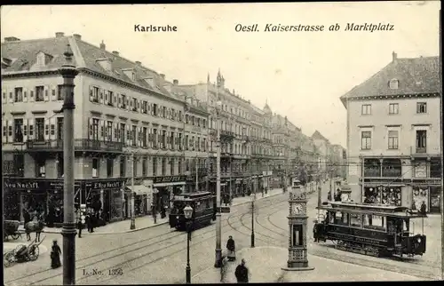 Ak Karlsruhe in Baden Württemberg, Östliche Kaiserstraße ab Marktplatz, Straßenbahnen, Geschäfte