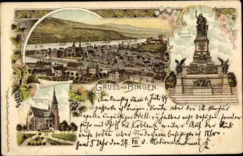 Litho Bingen am Rhein Rheinland Pfalz, Nationaldenkmal, Kirche, Totalansicht