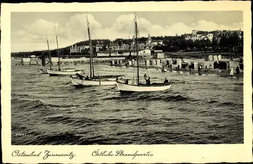 Ak Ostseebad Zinnowitz auf Usedom, Östliche Strandpartie, Segelboote