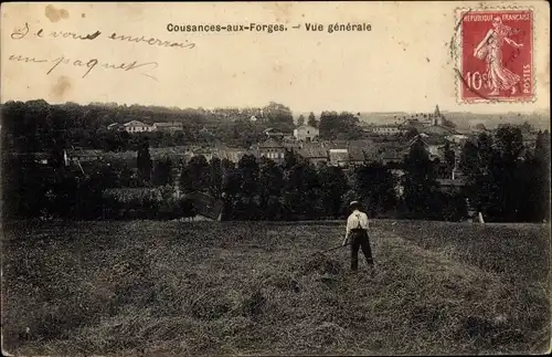 Ak Cousances les Forges Meuse, Vue générale, Sensenmann bei der Arbeit