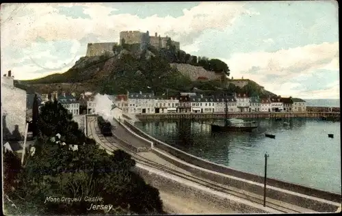 Ak Gorey Saint Martin Jersey Kanalinseln, Mont Orgueil Castle, locomotive, station