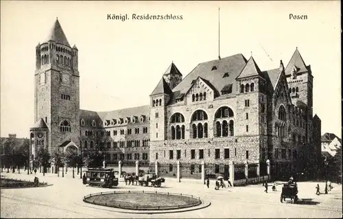 Ak Poznań Posen, Königliches Residenzschloss, Straßenbahn